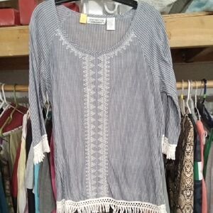 New Directions Navy Striped Blouse with White Lace